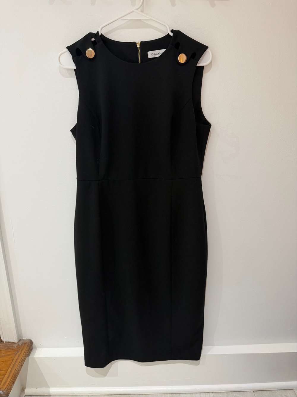 Calvin Klein Black Sleeveless Sheath Dress with Gold Shoulder Buttons